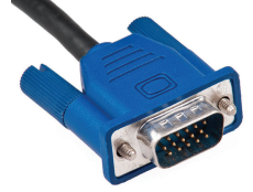 A VGA cable, it has a large bulky blue case that has two twisting locks. The connector is rectangular and has three rows of 5 pins